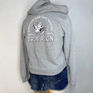 True Religion Gray Zip Hoodie Jacket Y2K Streetwear Buddha Logo Sweatshirt